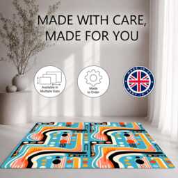 Aqua Orange Retro Curved Abstract Rug Non-Slip Soft Area Carpet Bedroom Living Room Hallway Mat Decor - Made in UK - thumbnail 2