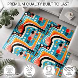 Aqua Orange Retro Curved Abstract Rug Non-Slip Soft Area Carpet Bedroom Living Room Hallway Mat Decor - Made in UK - thumbnail 3