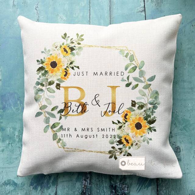Personalised Just Married Gift Mr Mrs Wedding Bride Groom Newlyweds Home Sunflower Greenery Linen Style Cushion Cover