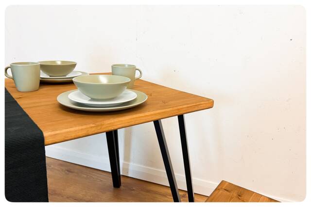Industrial Dining Table & Bench On Steel Box Hairpin Legs - image 1