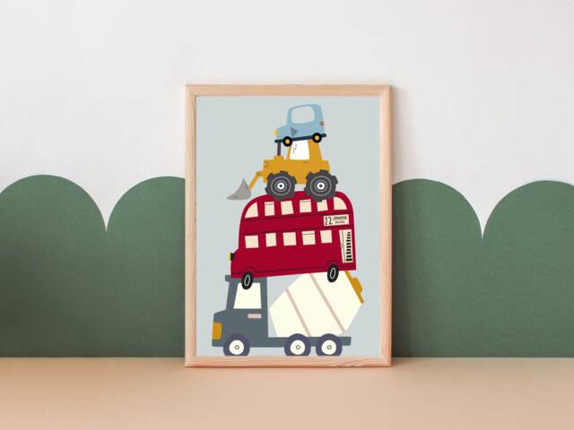 Kids Transport Print. Stacked Cars & Construction Vehicles. Perfect Wall Art For A Nursery, Bedroom Or Playroom - Print Only - image 1
