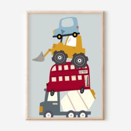 Kids Transport Print. Stacked Cars & Construction Vehicles. Perfect Wall Art For A Nursery, Bedroom Or Playroom - Print Only - thumbnail 3