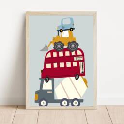 Kids Transport Print. Stacked Cars & Construction Vehicles. Perfect Wall Art For A Nursery, Bedroom Or Playroom - Print Only - thumbnail 2