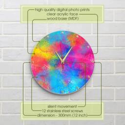 Colorful Wall Clock, Happy Holi Acrylic Unique Gift, Large Silent Non Ticking Clock - thumbnail 3