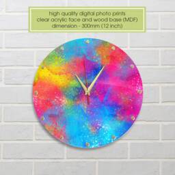 Colorful Wall Clock, Happy Holi Acrylic Unique Gift, Large Silent Non Ticking Clock - thumbnail 2