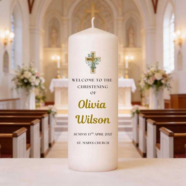 Personalised Christening Candle - Gold Cross Custom Baptism Baby Name Large Ceremony Keepsake - image 1