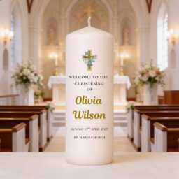 Personalised Christening Candle - Gold Cross Custom Baptism Baby Name Large Ceremony Keepsake - thumbnail 1