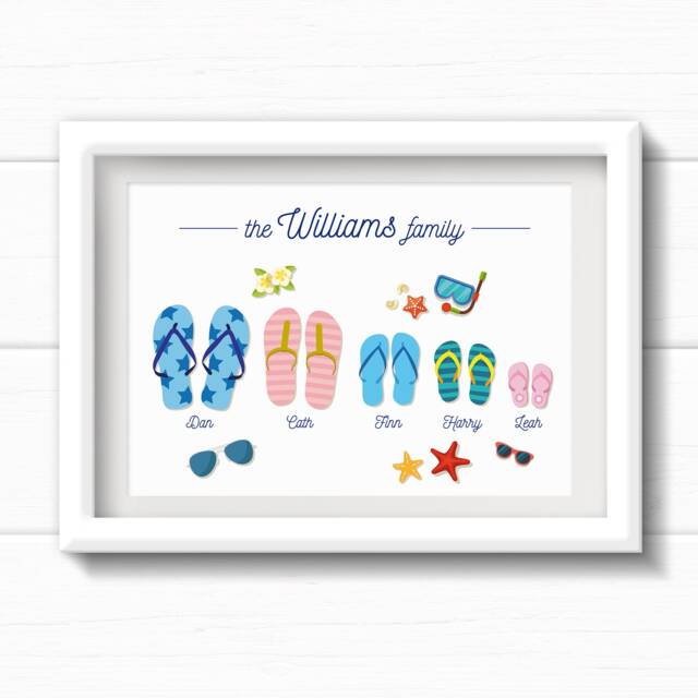 Personalised Flip Flops Family Wall Art. Birthday Gift For Mum. Print. Picture Beach Loving Family. Housewarming Present - image 1