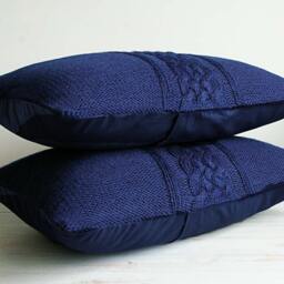 Decorative Cable Knit Pillow Cover in Dark Blue 12x18 Inch Lumbar Cushion - thumbnail 3
