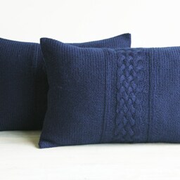 Decorative Cable Knit Pillow Cover in Dark Blue 12x18 Inch Lumbar Cushion - thumbnail 2