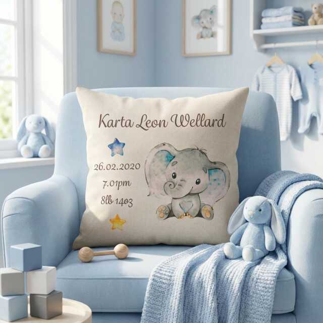 Personalised Newborn Cushion With Name & Details, Elephant Nursery Keepsake Gift - image 1