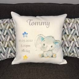 Personalised Newborn Cushion With Name & Details, Elephant Nursery Keepsake Gift - thumbnail 2