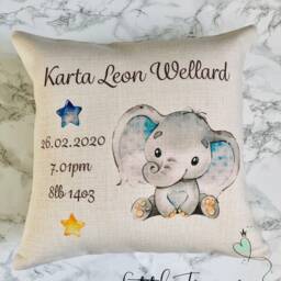 Personalised Newborn Cushion With Name & Details, Elephant Nursery Keepsake Gift - thumbnail 3
