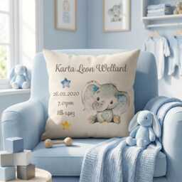Personalised Newborn Cushion With Name & Details, Elephant Nursery Keepsake Gift