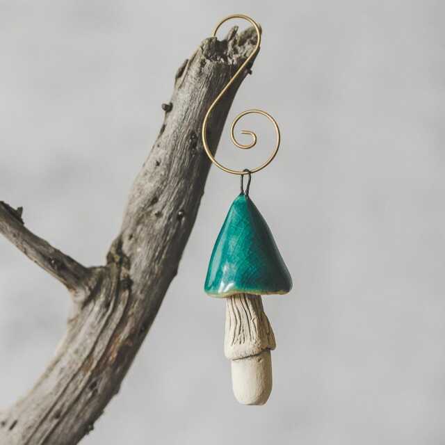 Bright Blue Mushroom Christmas Ornament - Handmade Ceramic Woodland Fungus, Tree Decor - image 1