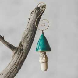 Bright Blue Mushroom Christmas Ornament - Handmade Ceramic Woodland Fungus, Tree Decor