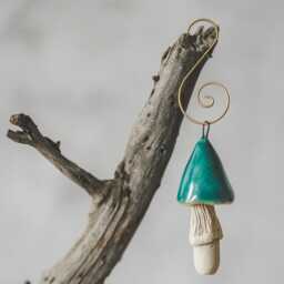 Bright Blue Mushroom Christmas Ornament - Handmade Ceramic Woodland Fungus, Tree Decor - thumbnail 2
