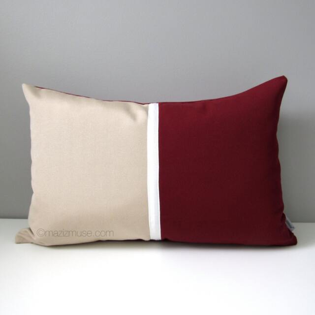 Burgundy & Antique Beige Sunbrella?? Outdoor Pillow Cover in Modern Color Block, Masculine Cherry Wine Cushions For Pool & Patio, Mazizmuse - image 1