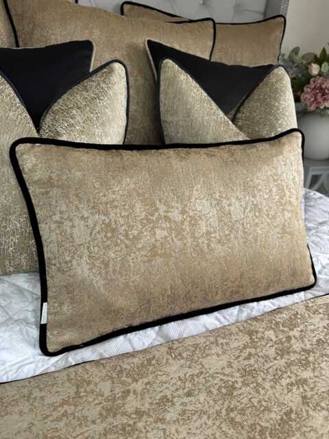 "Brass Gold Pillow Cover, Cushion Cover, Luxury Black Velvet Piping, Decorative Rectangle Bolster 12"" X 20" - image 1