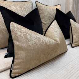 Brass Gold Textured Pillow Cover, Black Velvet Piping, Rectangle Bolster Square Cushion Bespoke All Sizes/Diana