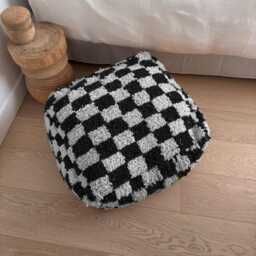 Black & White Wool Ottoman - Handmade Pouf Decor Handcrafted Moroccan Checkered - thumbnail 1