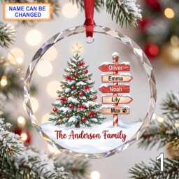Personalized Family Christmas Glass Ornament, Custom Home Keepsake With Names, Colorful Tree, Red House & Snowy Decor - thumbnail 1