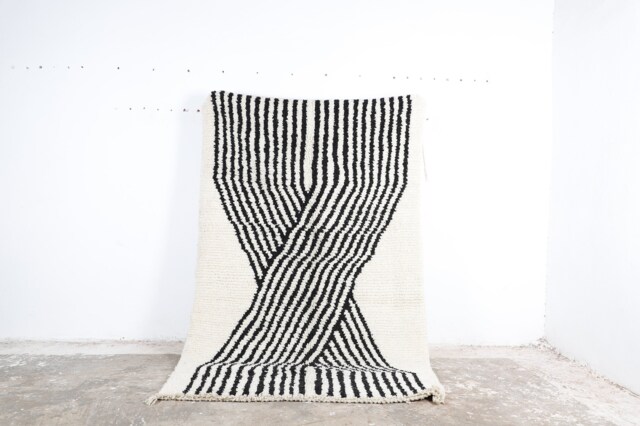 Hand Knotted Beni Ourain Rug - Black & White Striped Moroccan Wool - image 1