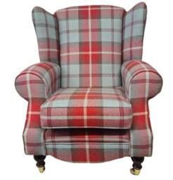Queen Anne Wing Back Cottage Chair Balmoral Cherry Tartan - Dark Wooden Brass Castor Legs - thumbnail 3