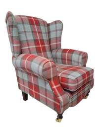 Queen Anne Wing Back Cottage Chair Balmoral Cherry Tartan - Dark Wooden Brass Castor Legs