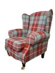 Queen Anne Wing Back Cottage Chair Balmoral Cherry Tartan - Dark Wooden Brass Castor Legs - thumbnail 2
