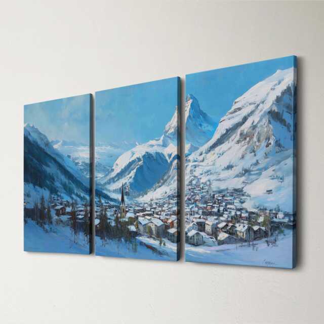 Zermatt Matterhorn 3 Panel Split Canvas Wall Art Swiss Alps Winter Landscape Snowy Mountain Oil Painting Framed Home Decor Gift - image 1
