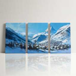 Zermatt Matterhorn 3 Panel Split Canvas Wall Art Swiss Alps Winter Landscape Snowy Mountain Oil Painting Framed Home Decor Gift - thumbnail 3