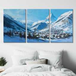 Zermatt Matterhorn 3 Panel Split Canvas Wall Art Swiss Alps Winter Landscape Snowy Mountain Oil Painting Framed Home Decor Gift - thumbnail 2