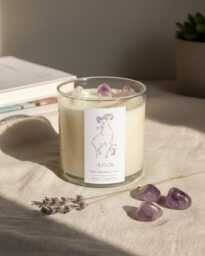Aries Zodiac Candle Iridescent Label, Healing Crystals, Egyptian Amber Scent - thumbnail 1