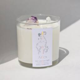 Aries Zodiac Candle Iridescent Label, Healing Crystals, Egyptian Amber Scent - thumbnail 2