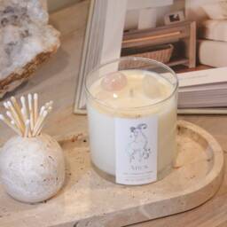 Aries Zodiac Candle Iridescent Label, Healing Crystals, Egyptian Amber Scent - thumbnail 3
