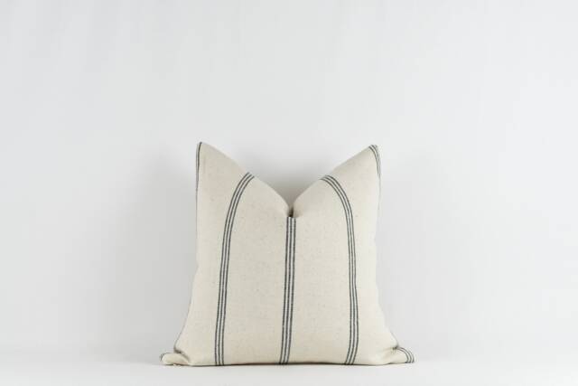 Woven Cotton Stripe Pillow Cover Ivory & Black, Brass Zipper - image 1