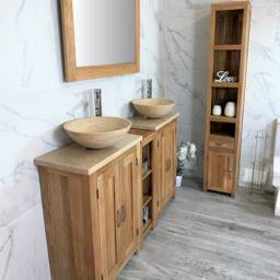Bathroom Vanity Unit - Sink Washstand Slimline Oak With Travertine Worktop & Sit On Basins Taps Plugs Included - thumbnail 3