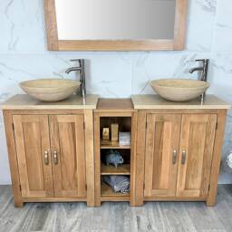 Bathroom Vanity Unit - Sink Washstand Slimline Oak With Travertine Worktop & Sit On Basins Taps Plugs Included