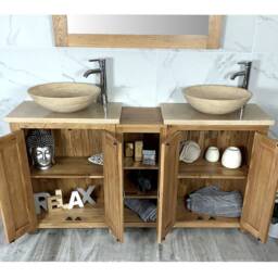Bathroom Vanity Unit - Sink Washstand Slimline Oak With Travertine Worktop & Sit On Basins Taps Plugs Included - thumbnail 2
