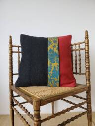 Handmade Wool Pillow Cover Vintage Turquoise & Gold Jacquard, Red Faille, Black Boucle - 17