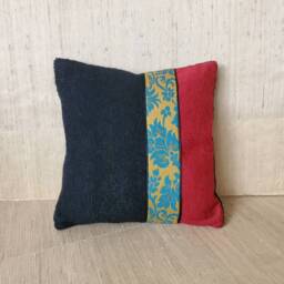 Handmade Wool Pillow Cover Vintage Turquoise & Gold Jacquard, Red Faille, Black Boucle - 17 - thumbnail 3