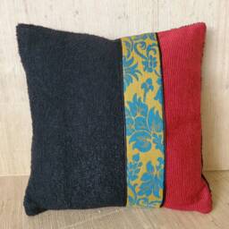 Handmade Wool Pillow Cover Vintage Turquoise & Gold Jacquard, Red Faille, Black Boucle - 17 - thumbnail 4