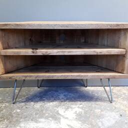 Reclaimed Wood Corner Tv Stand Retro Media Unit With Hairpin Legs - thumbnail 2