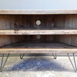 Reclaimed Wood Corner Tv Stand Retro Media Unit With Hairpin Legs - thumbnail 4