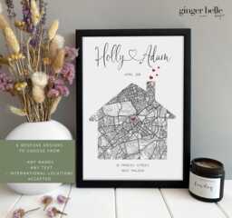 Personalized New Home Map Gift, Housewarming Print For Friends - Framed Or Unframed - thumbnail 1