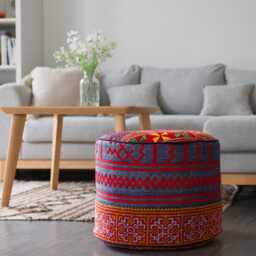 Hmong Hill Tribe Hemp Pouf Indigo Batik Ottoman, Ethnic Pillow - thumbnail 3