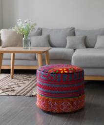 Hmong Hill Tribe Hemp Pouf Indigo Batik Ottoman, Ethnic Pillow - thumbnail 1