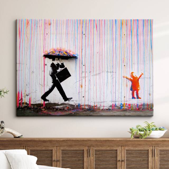 Raining Paint Drips Umbrella Man Abstract Oil Painting Banksy Wall Art, Framed Canvas Poster Print, Home Kitchen Office Room Decor, Gifts - image 1