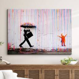 Raining Paint Drips Umbrella Man Abstract Oil Painting Banksy Wall Art, Framed Canvas Poster Print, Home Kitchen Office Room Decor, Gifts - thumbnail 1